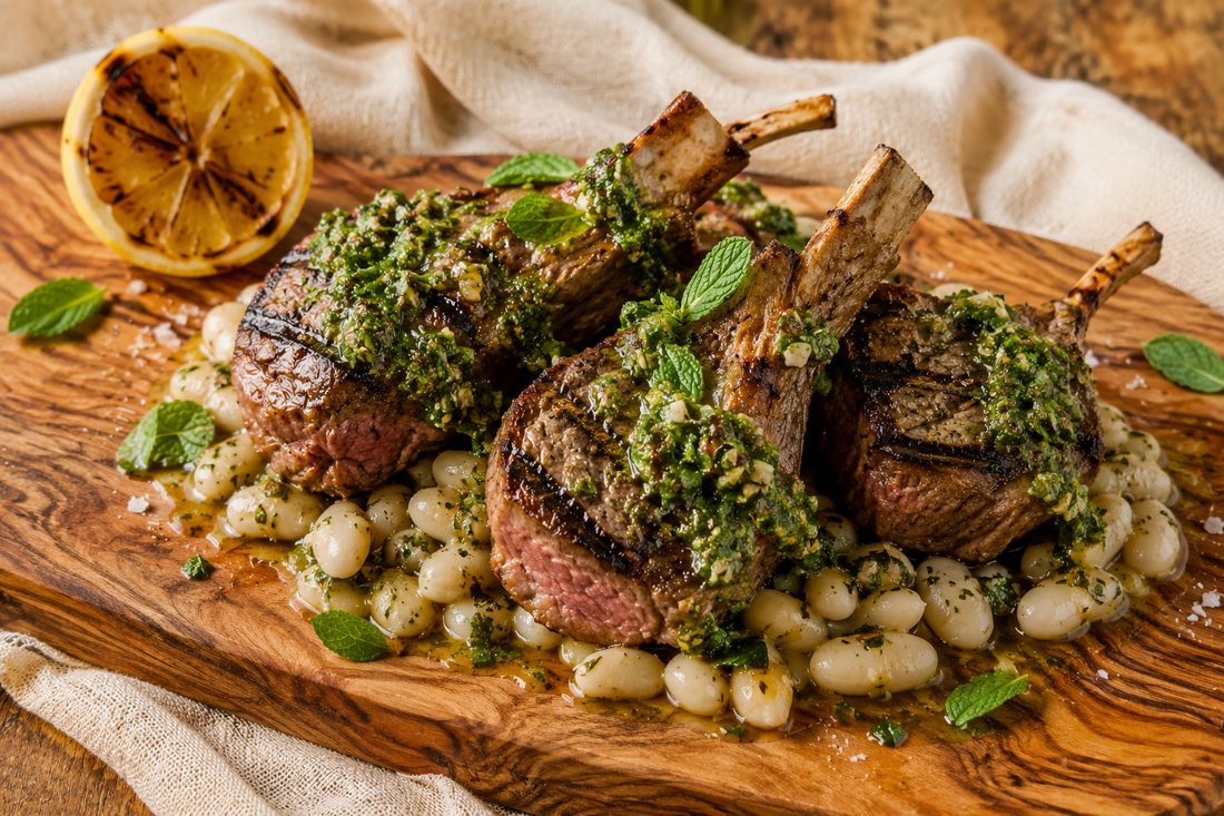 Lamb Chops with lemony white beans and mint chimichurri