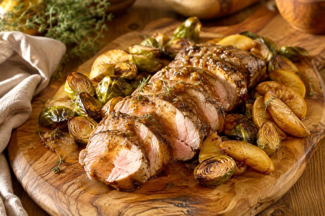 Sliced apple-cider pork tenderloin with Brussels sprouts, apples and cider-mustard pan sauce.