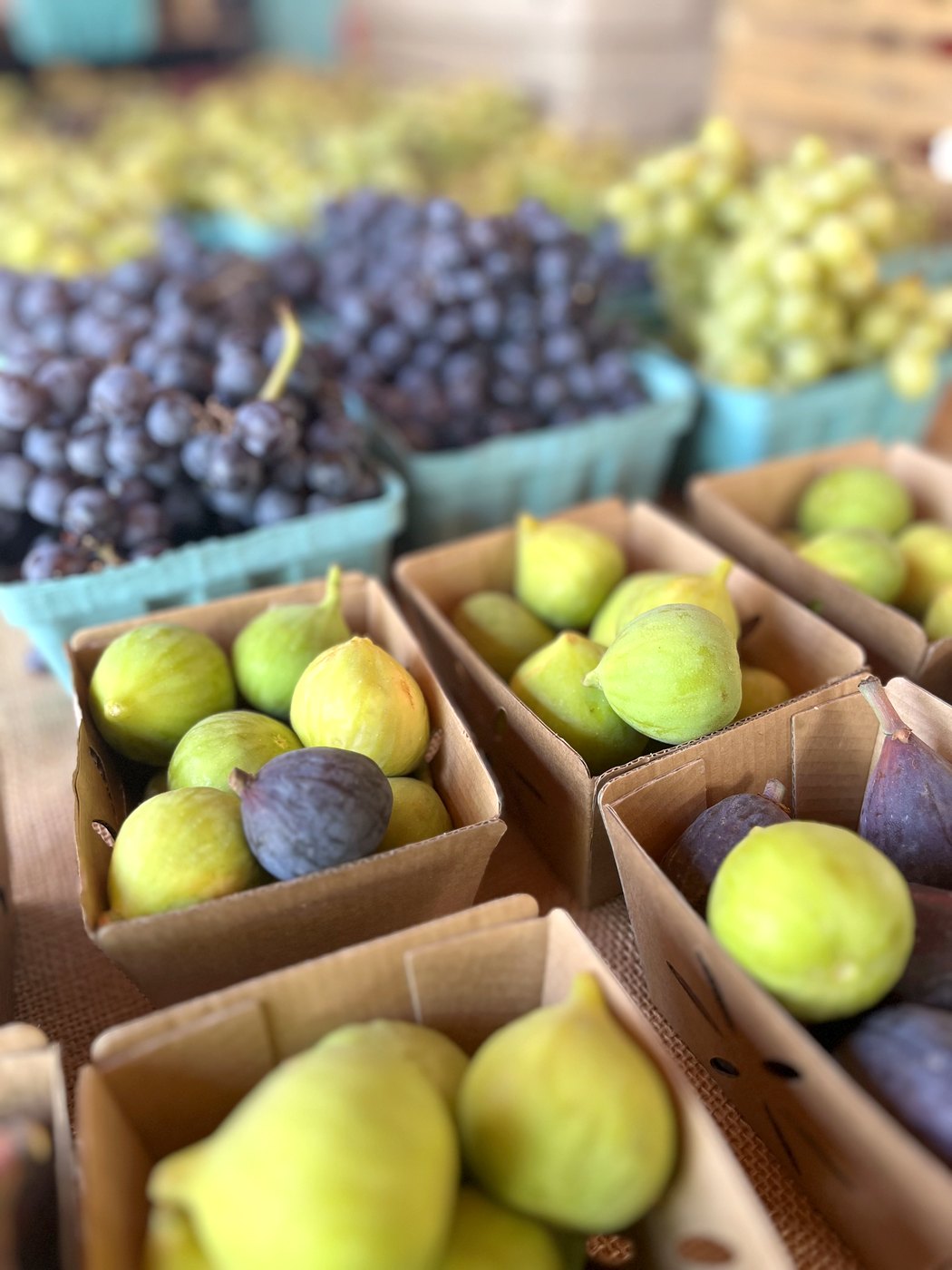 Fresh figs in market baskets with grapes behind them.