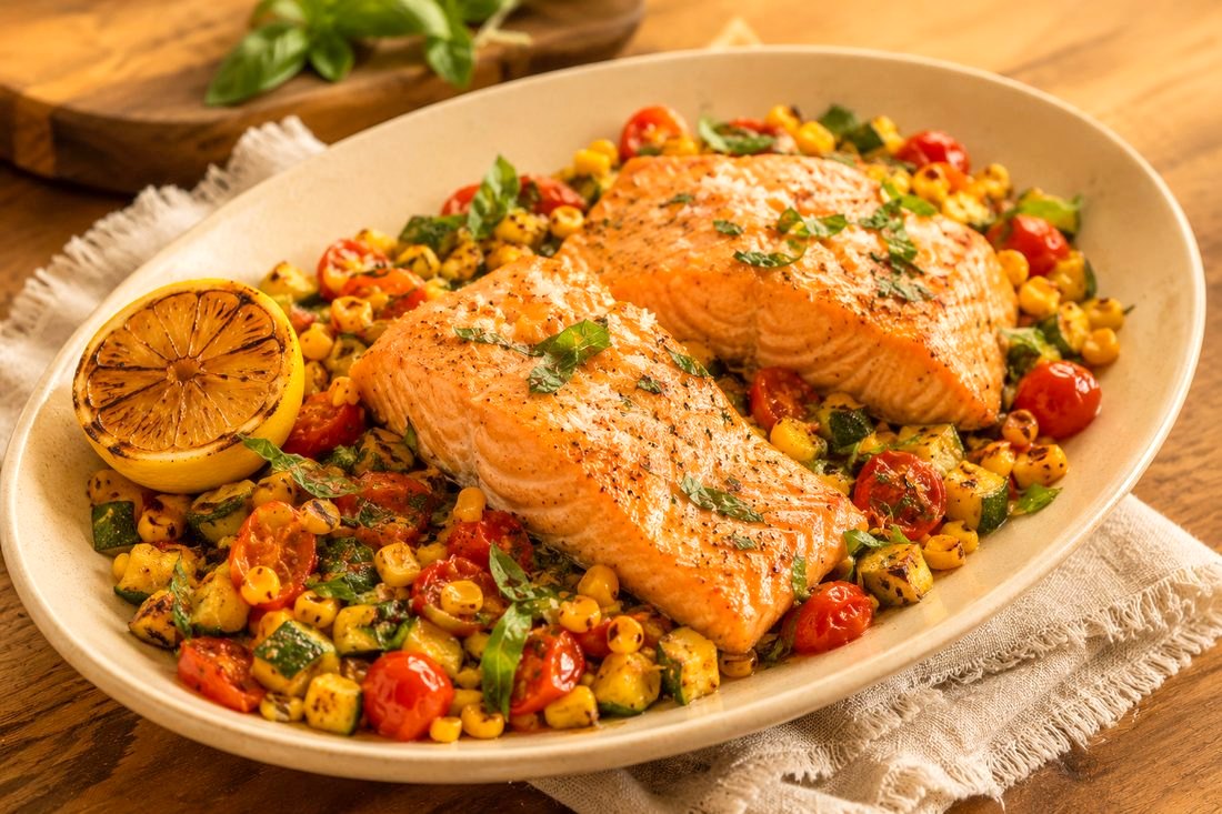Slow-roasted salmon over summer succotash with corn, zucchini, cherry tomatoes, basil and lemon.